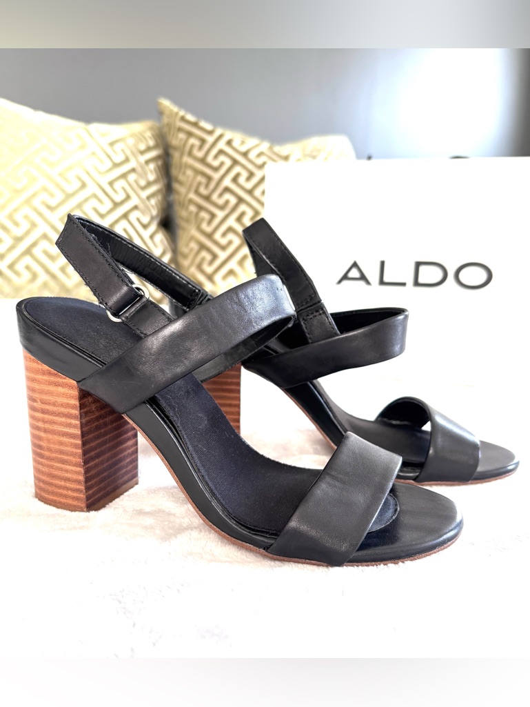Aldo Black Leather Strappy Block Heel Sandals, Size 6